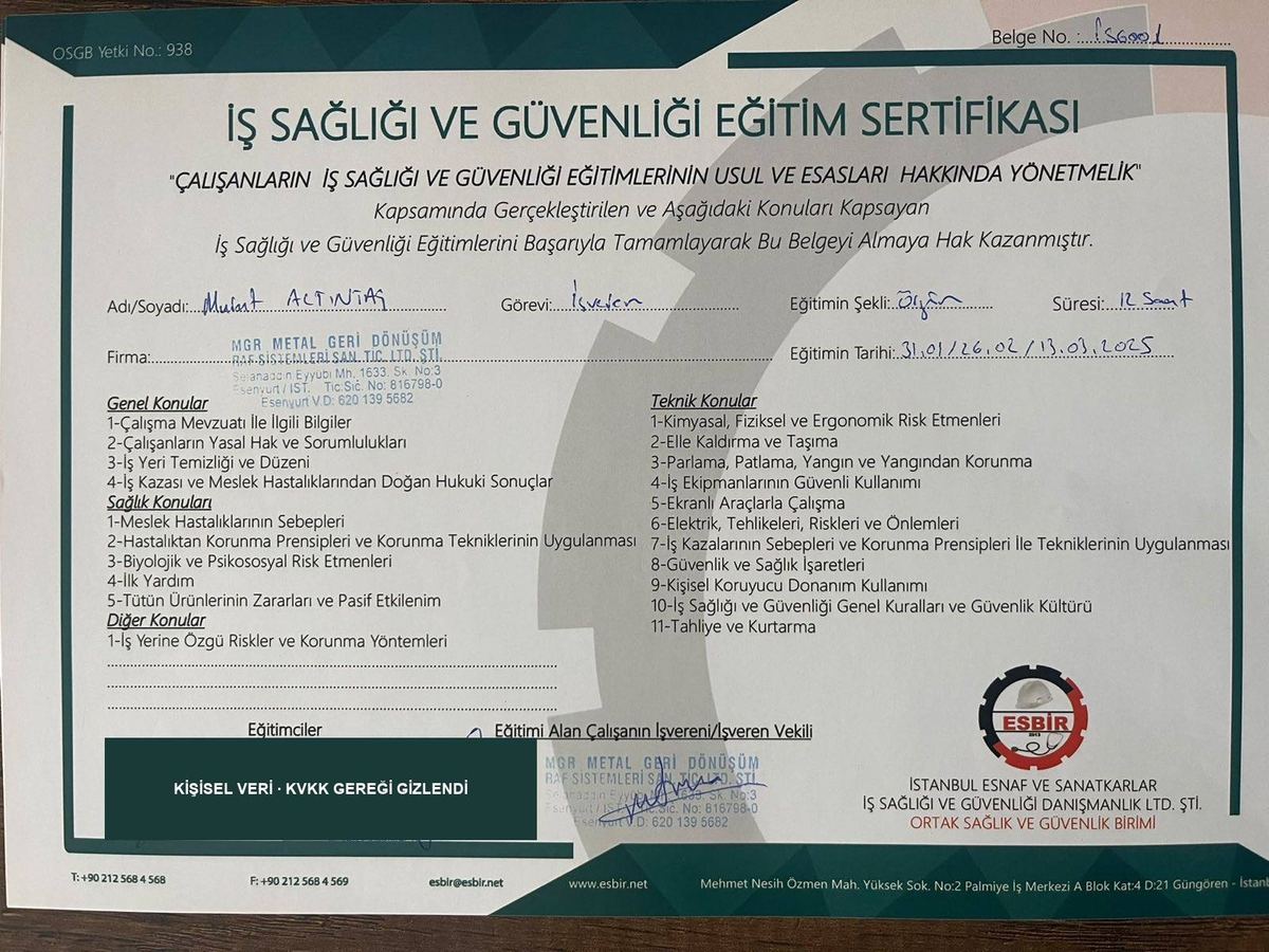 Murat Altıntaş adına düzenlenmiş İş Sağlığı ve Güvenliği Eğitim Sertifikası