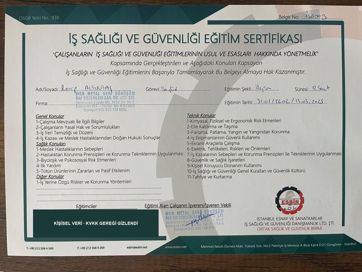Recep Altıntaş adına düzenlenmiş İş Sağlığı ve Güvenliği Eğitim Sertifikası