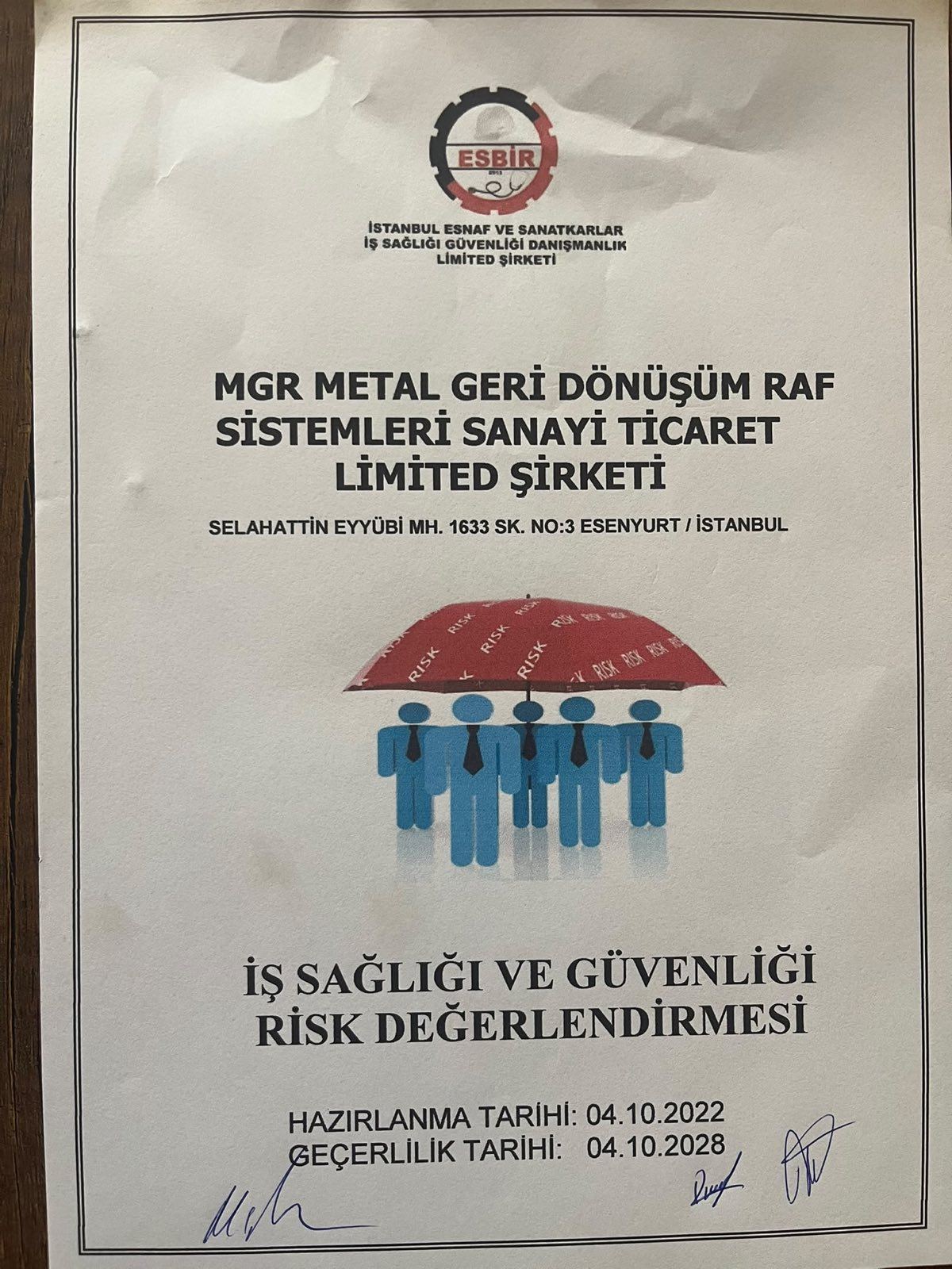 MGR Raf Sistemleri işyerine ait İş Sağlığı ve Güvenliği Risk Değerlendirmesi belgesi